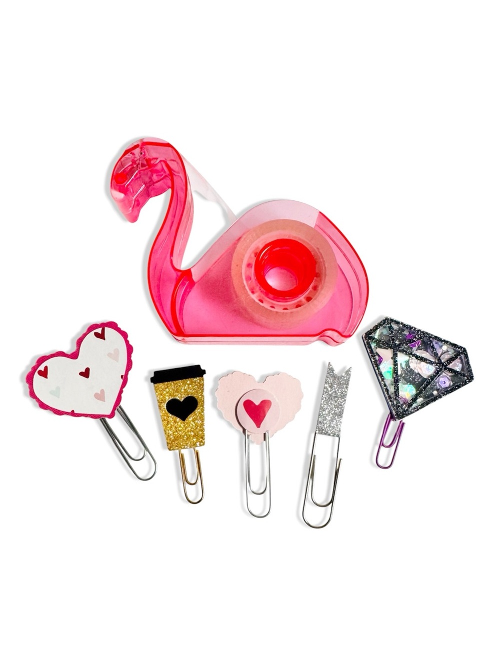 Pink Flamingo Tape Dispenser and Custom Paperclips Preppy Office School Supplies